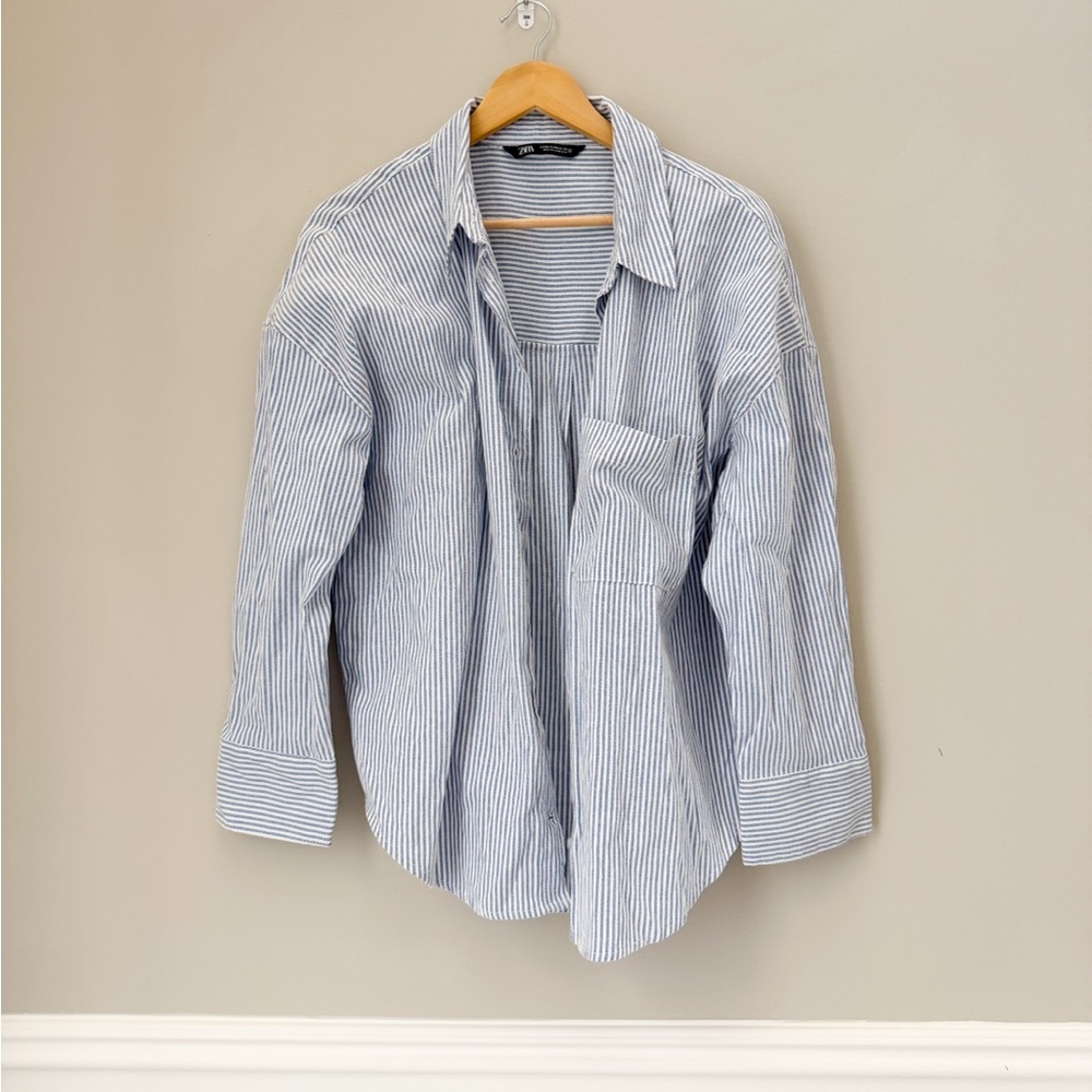 Zara Blue white stripe blouse button down XXL
